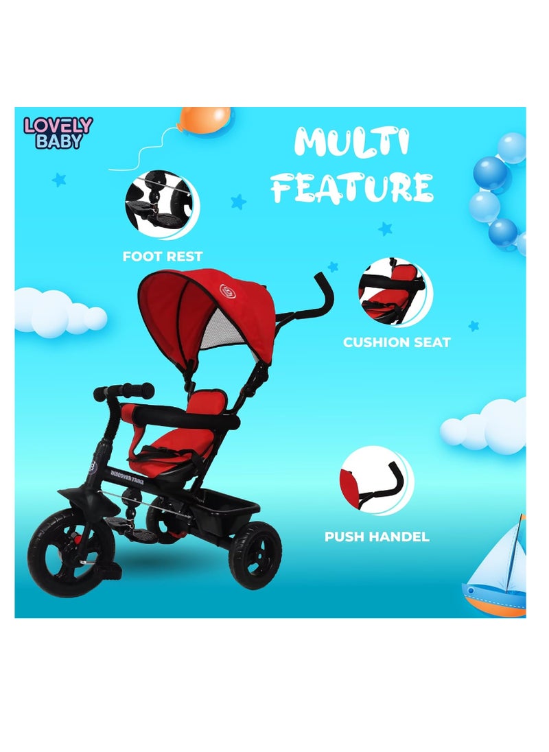 Tricycle, Baby Push Trike, Kids First Bike, Pushchair, with Sun Canopy, Parent Handle & Footrest (Red)