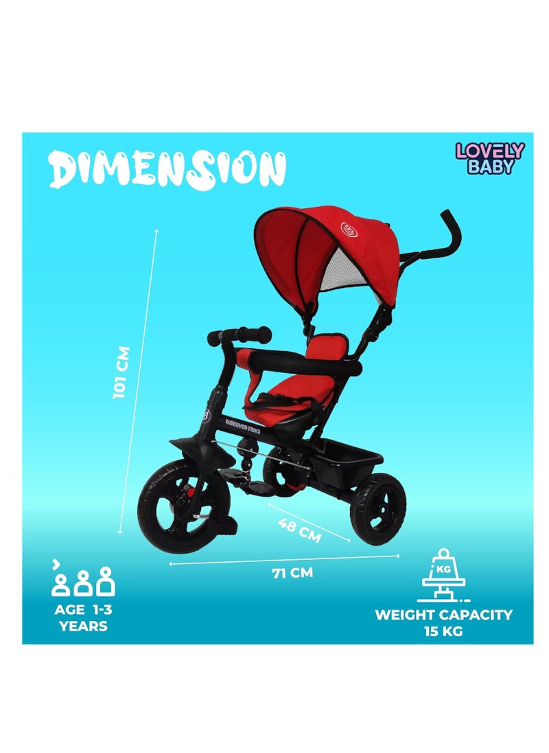 Tricycle, Baby Push Trike, Kids First Bike, Pushchair, with Sun Canopy, Parent Handle & Footrest (Red)