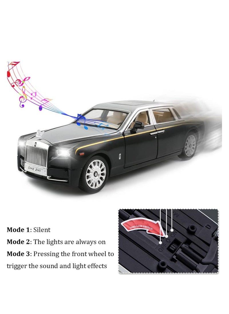 Exquisite Car Model 1/32 Rolls-Royce Phantom Model Car, Alloy Pull Back Toy Car with Sound and Light for Kids Boy Girl Birthday Gift Black+Silver