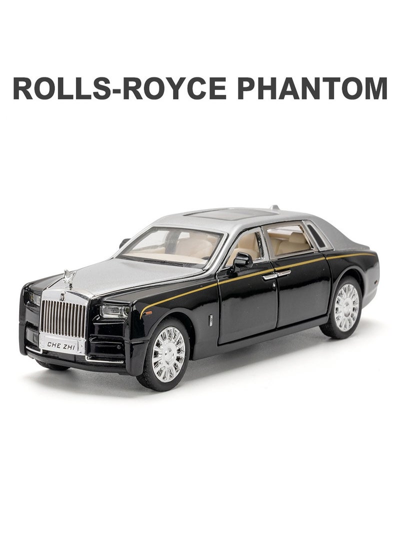 Exquisite Car Model 1/32 Rolls-Royce Phantom Model Car, Alloy Pull Back Toy Car with Sound and Light for Kids Boy Girl Birthday Gift Black+Silver