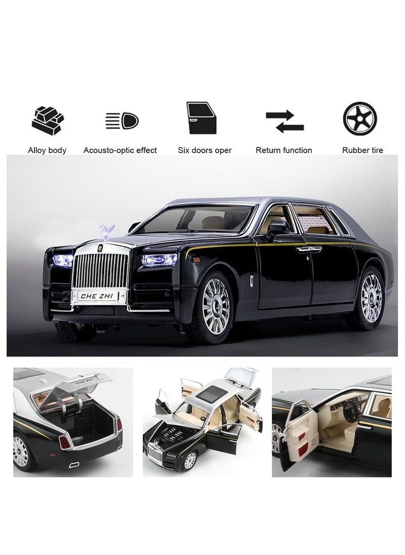 Exquisite Car Model 1/32 Rolls-Royce Phantom Model Car, Alloy Pull Back Toy Car with Sound and Light for Kids Boy Girl Birthday Gift Black+Silver