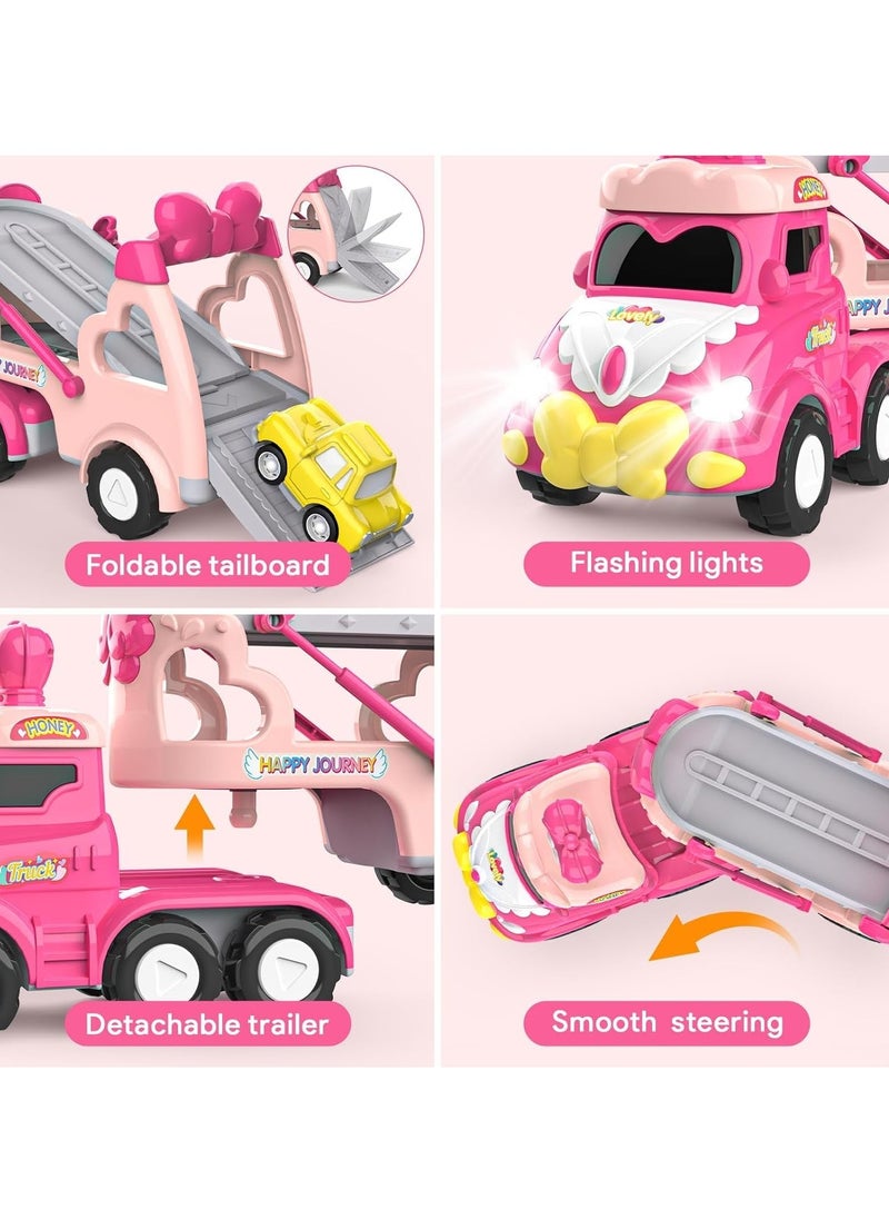 5-in-1 Princess Vehicle Trucks Toys, Cartoon Trailer Car Toy with Sounds & Lights Toys, Transporter Toys Birthday Gift for Kids