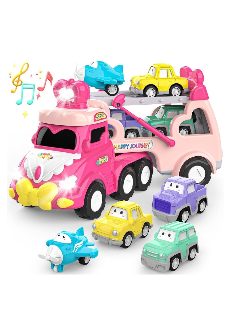 5-in-1 Princess Vehicle Trucks Toys, Cartoon Trailer Car Toy with Sounds & Lights Toys, Transporter Toys Birthday Gift for Kids