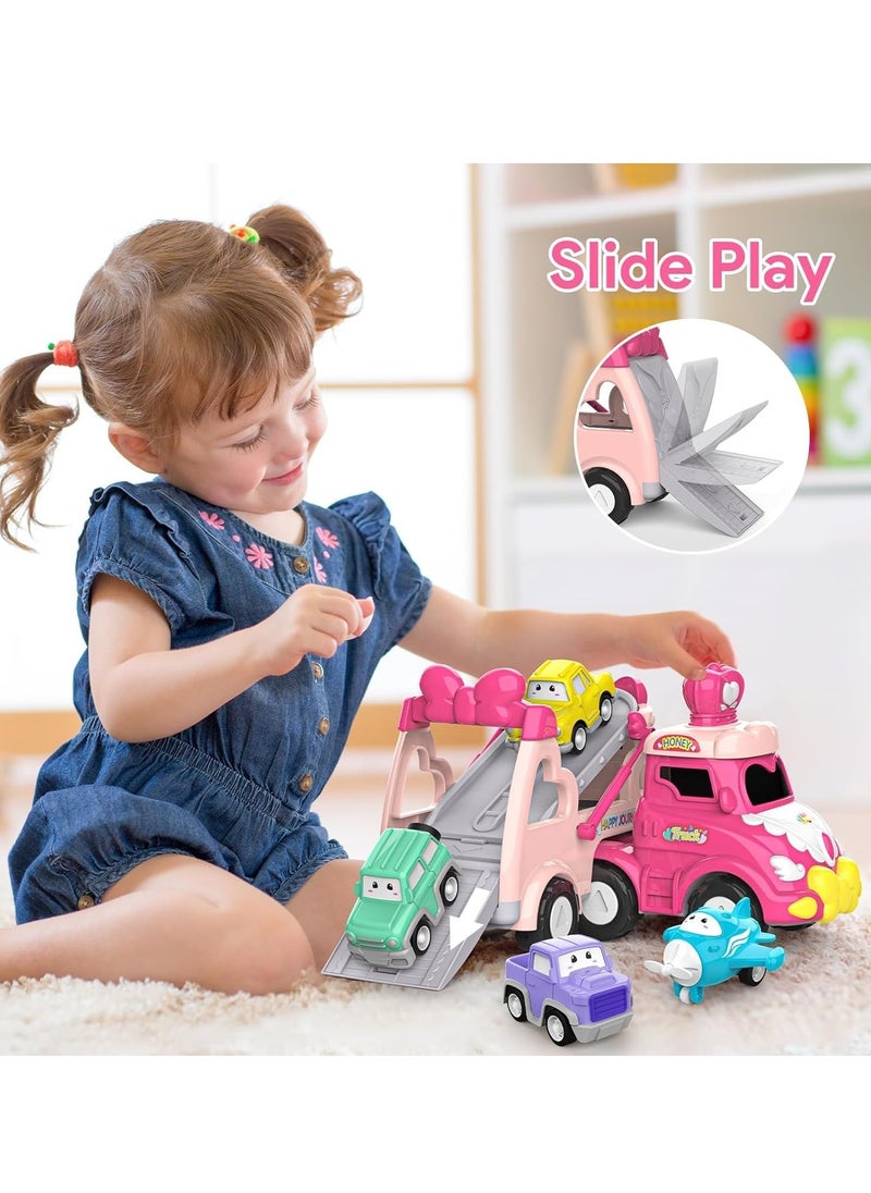 5-in-1 Princess Vehicle Trucks Toys, Cartoon Trailer Car Toy with Sounds & Lights Toys, Transporter Toys Birthday Gift for Kids