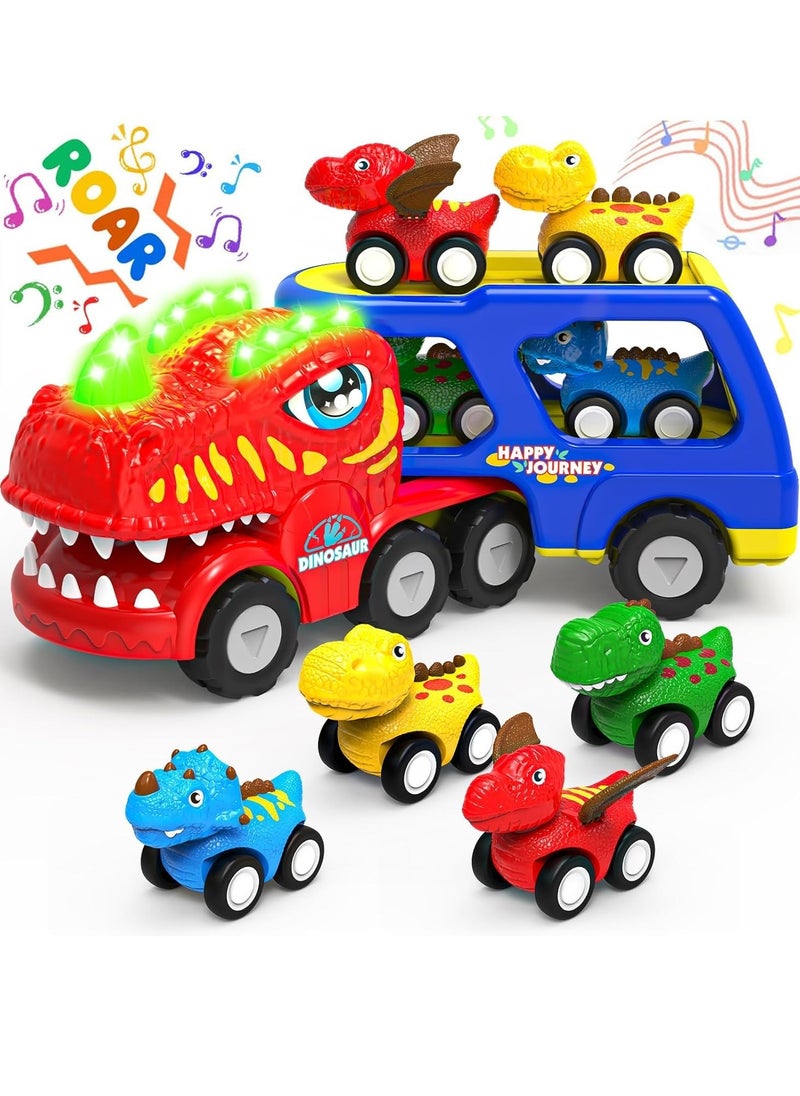 5-in-1 Dinosaur Vehicle Trucks Toys, Cartoon Trailer Car Toy with Sounds & Lights Toys, Transporter Toys Birthday Gift for Kids