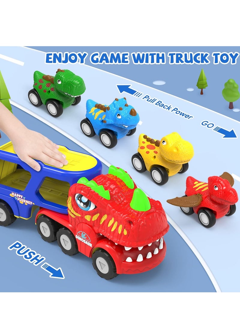 5-in-1 Dinosaur Vehicle Trucks Toys, Cartoon Trailer Car Toy with Sounds & Lights Toys, Transporter Toys Birthday Gift for Kids