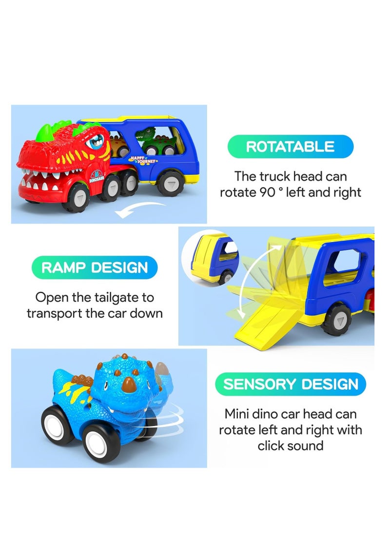 5-in-1 Dinosaur Vehicle Trucks Toys, Cartoon Trailer Car Toy with Sounds & Lights Toys, Transporter Toys Birthday Gift for Kids