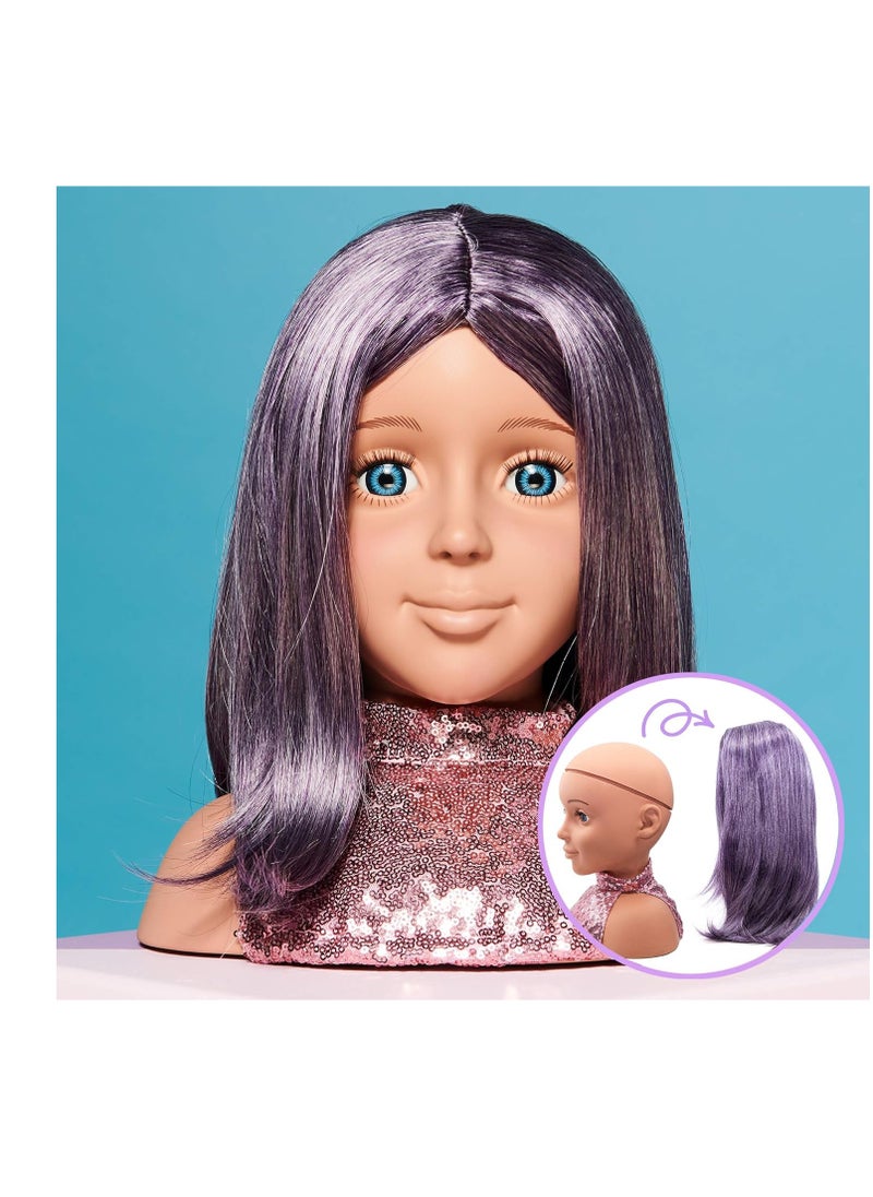 I'm A Stylist Styling Head Deluxe Lola - Doll Mannequin Head, Interchangeable Wig, Synthetic Fiber Purple Hair Includes Magnetic Lashes, Hair Accessories, Earrings & Face Gems for Kids 8+ Years - 13