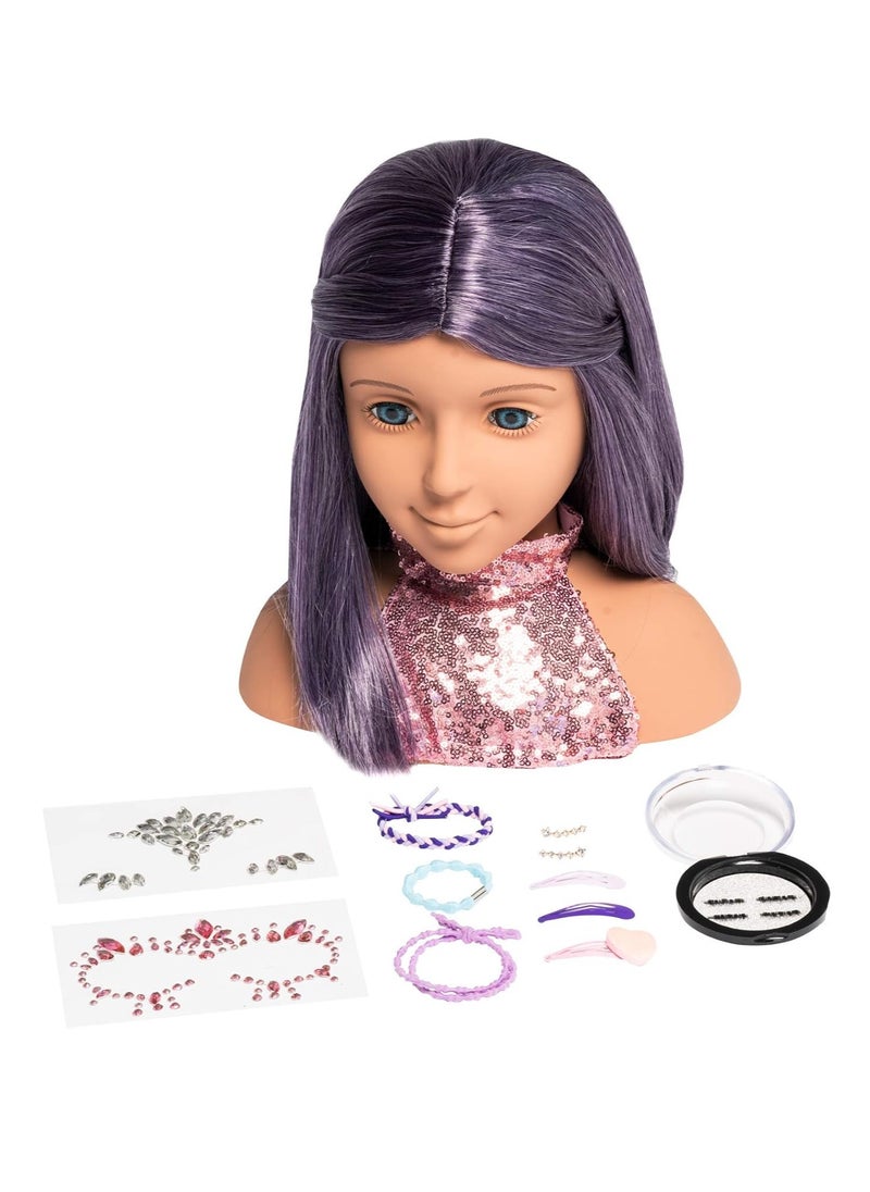 I'm A Stylist Styling Head Deluxe Lola - Doll Mannequin Head, Interchangeable Wig, Synthetic Fiber Purple Hair Includes Magnetic Lashes, Hair Accessories, Earrings & Face Gems for Kids 8+ Years - 13