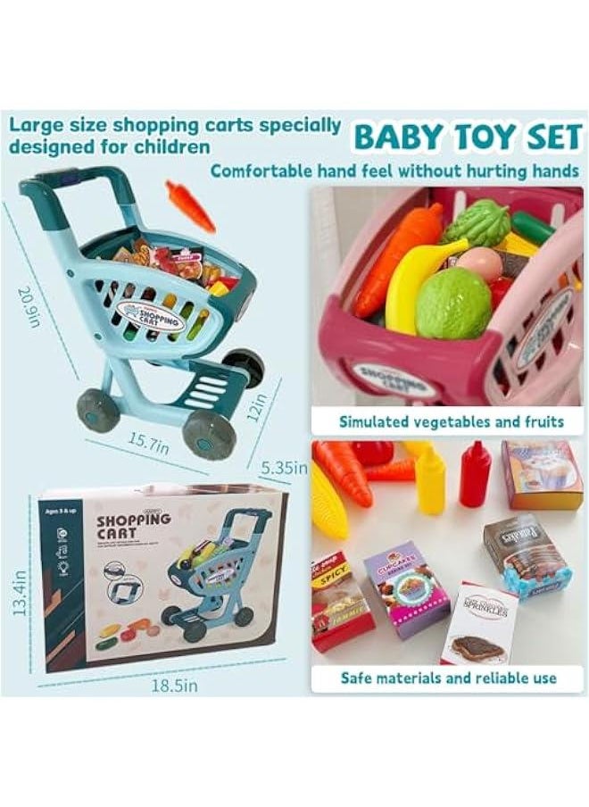 Kids Shopping Cart Trolley Play Set-Educational Toy Shopping Cart,Supermarket Playset with Grocery Food Fruit Vegetables Shop Pretend Food Accessories,Large Shopping Cart with Music and Light(Blue)