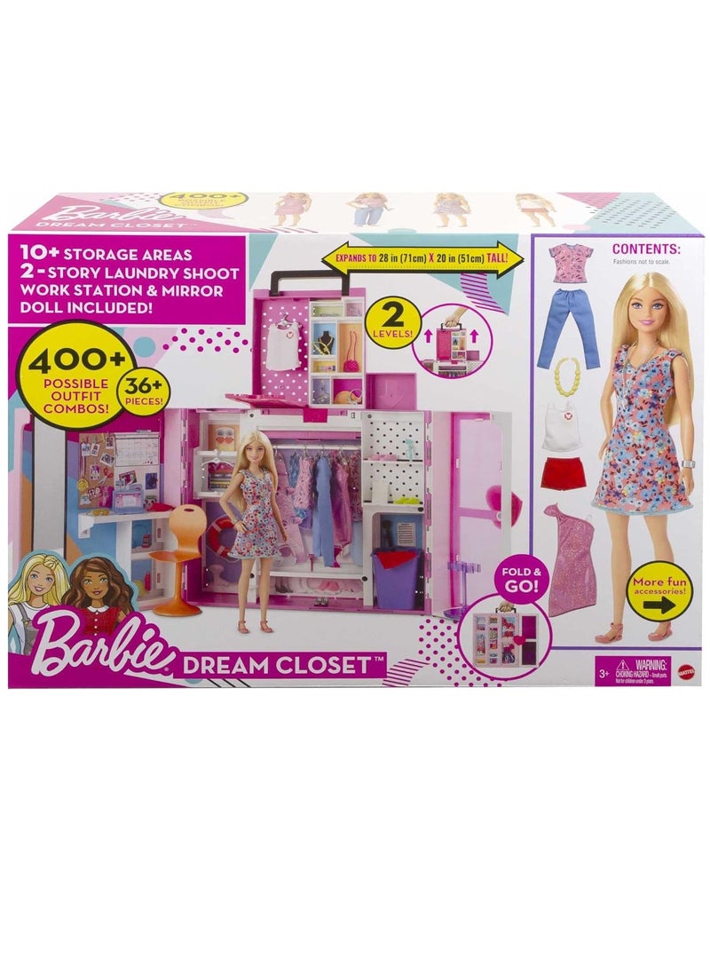 Doll and Dream Closet Set with Clothes and Accessories, 30+ Pieces and 15+ Storage Areas, HGX57