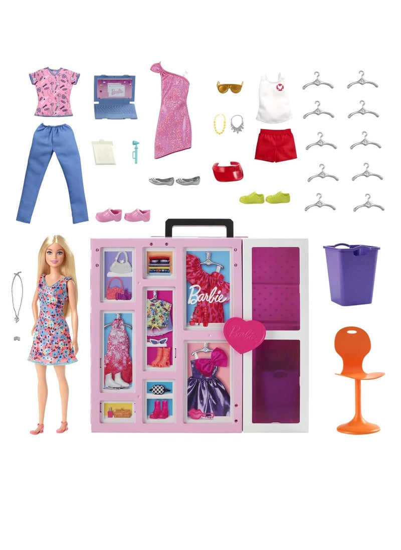 Doll and Dream Closet Set with Clothes and Accessories, 30+ Pieces and 15+ Storage Areas, HGX57