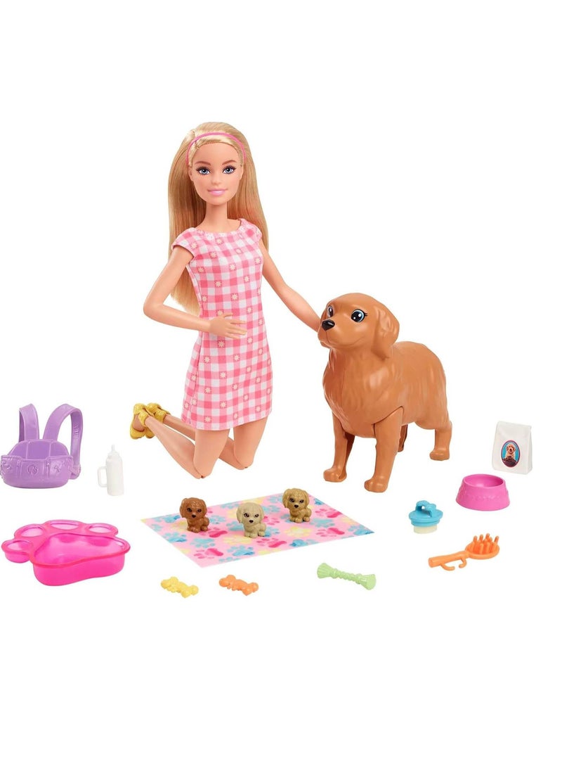 Doll Newborn Pups Playset with Blonde Doll, Mommy Dog and 3 Puppies, Kids Toys