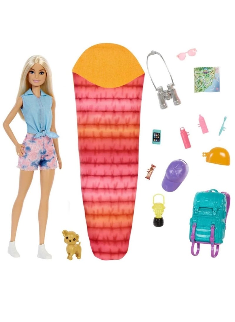 Goes Camping Play Set (29 Cm, Blonde) And Pet Friendly Puppy, Sleeping Bag, 10 Camping Accessories