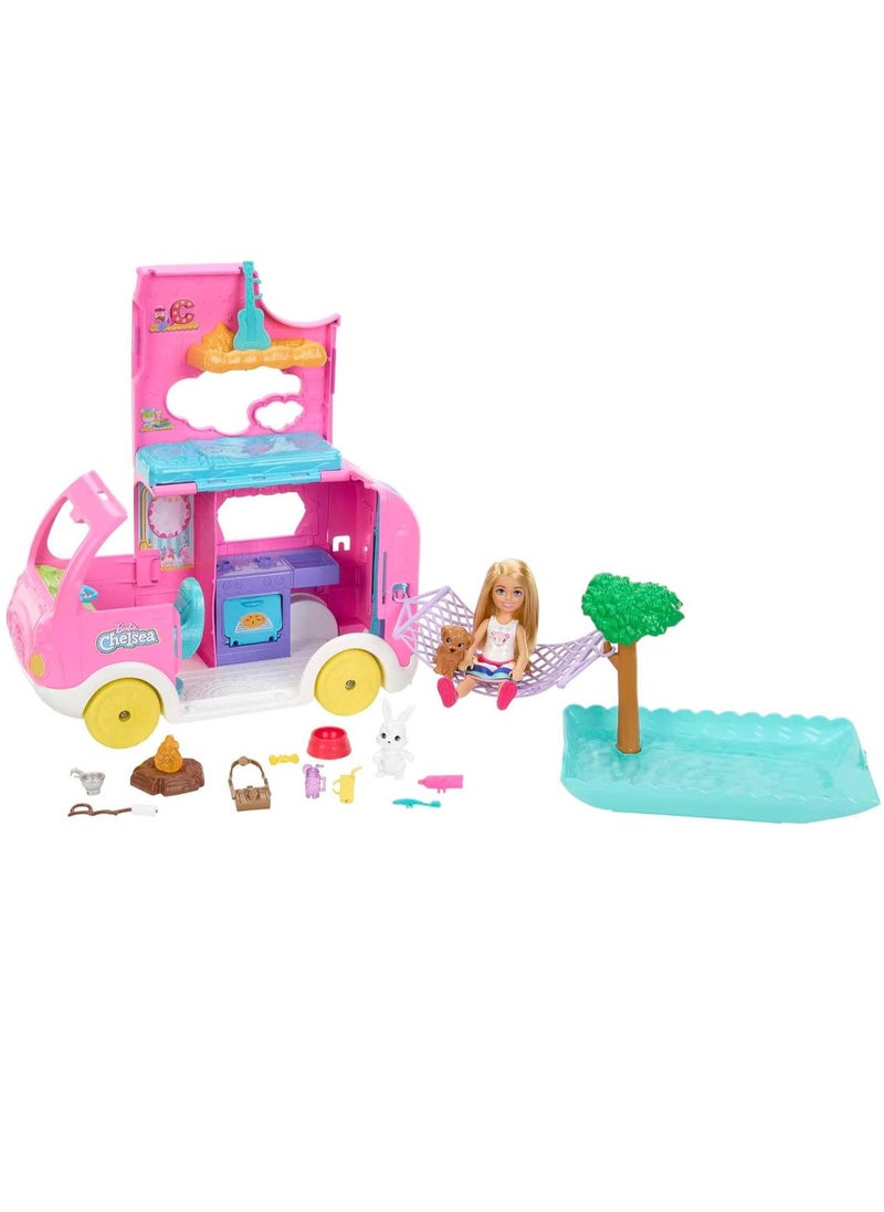 Chelsea 2-in-1 Camper Playset with Chelsea Small Doll, 2 Pets & 15 Accessories