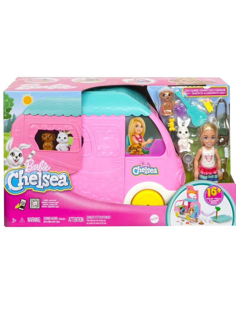 Chelsea 2-in-1 Camper Playset with Chelsea Small Doll, 2 Pets & 15 Accessories