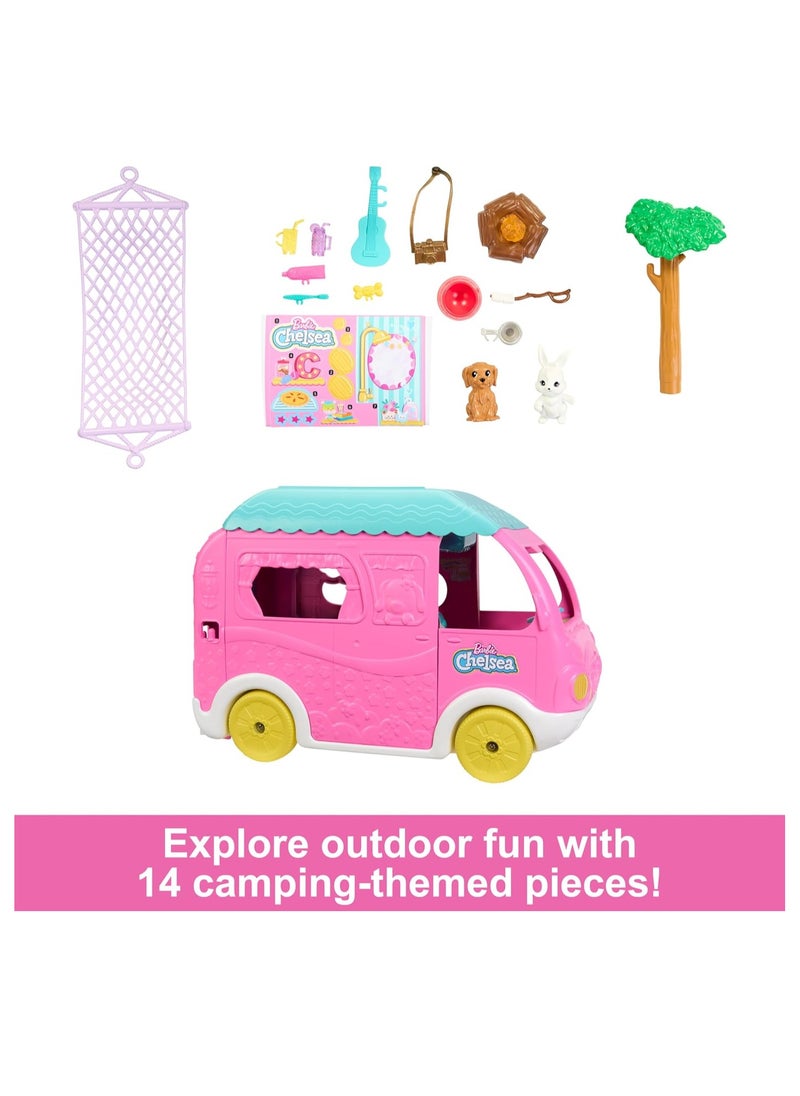 Chelsea 2-in-1 Camper Playset with Chelsea Small Doll, 2 Pets & 15 Accessories