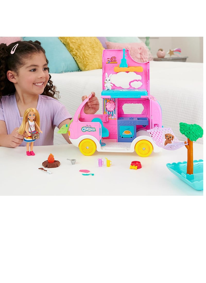 Chelsea 2-in-1 Camper Playset with Chelsea Small Doll, 2 Pets & 15 Accessories