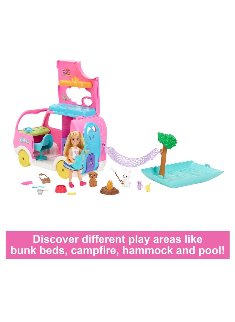 Chelsea 2-in-1 Camper Playset with Chelsea Small Doll, 2 Pets & 15 Accessories