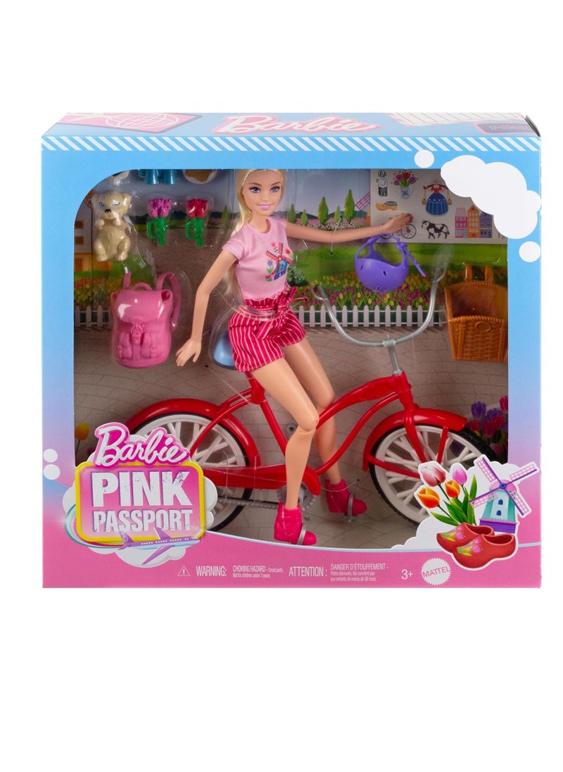 Doll Set With Bicycle, Clothes, & Accessories,Pink Passport Holland Adventures, Includes Blonde Doll & Travel Pieces