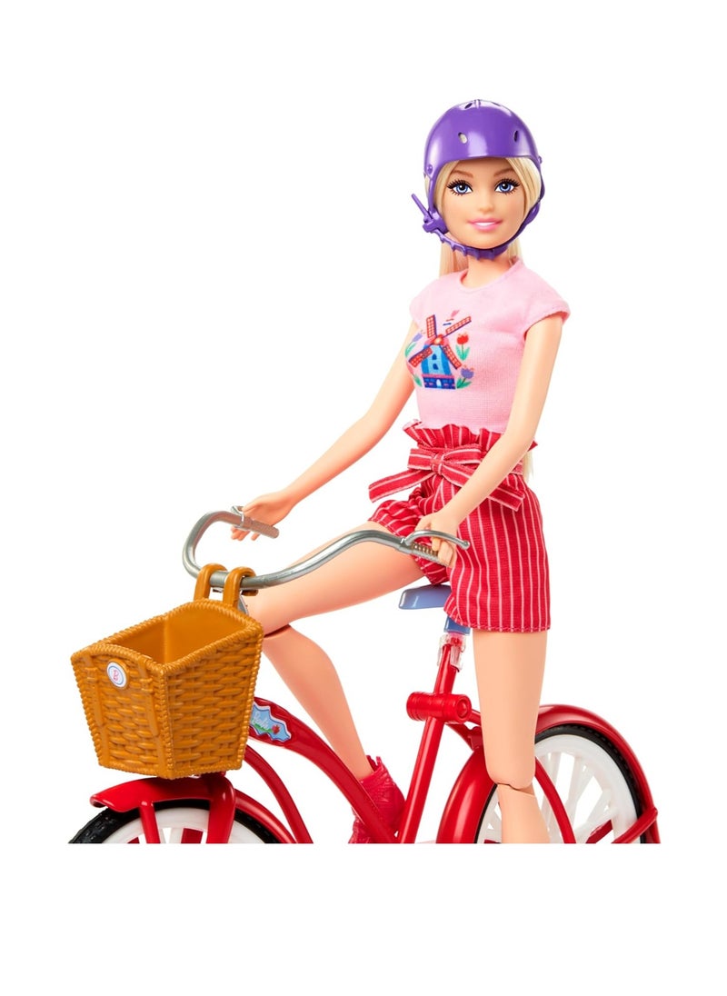 Doll Set With Bicycle, Clothes, & Accessories,Pink Passport Holland Adventures, Includes Blonde Doll & Travel Pieces