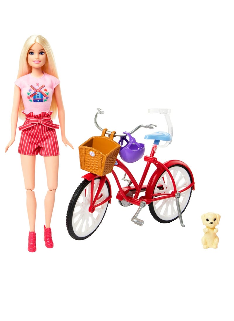 Doll Set With Bicycle, Clothes, & Accessories,Pink Passport Holland Adventures, Includes Blonde Doll & Travel Pieces