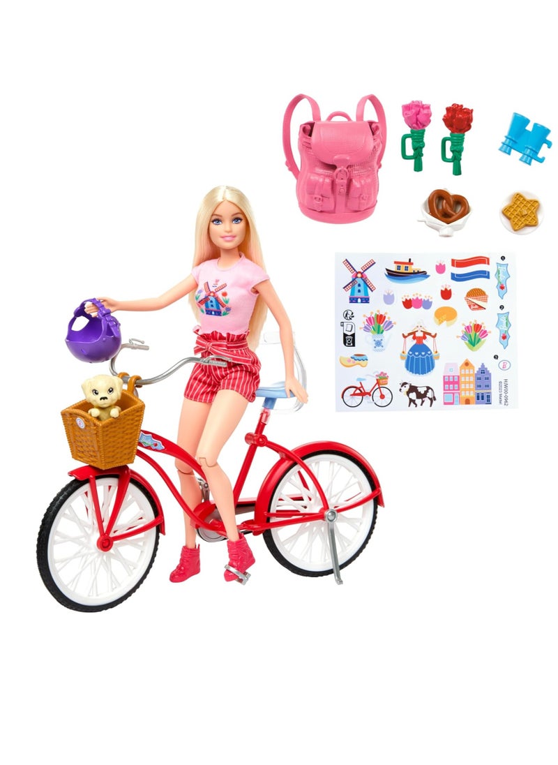 Doll Set With Bicycle, Clothes, & Accessories,Pink Passport Holland Adventures, Includes Blonde Doll & Travel Pieces