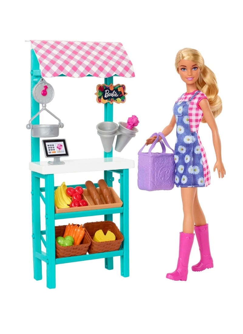 Barbie Farmers Market Playset, Barbie Doll (Blonde), Market Stand, Register, Vegetables, Bread, Flowers & More, 3 & Up