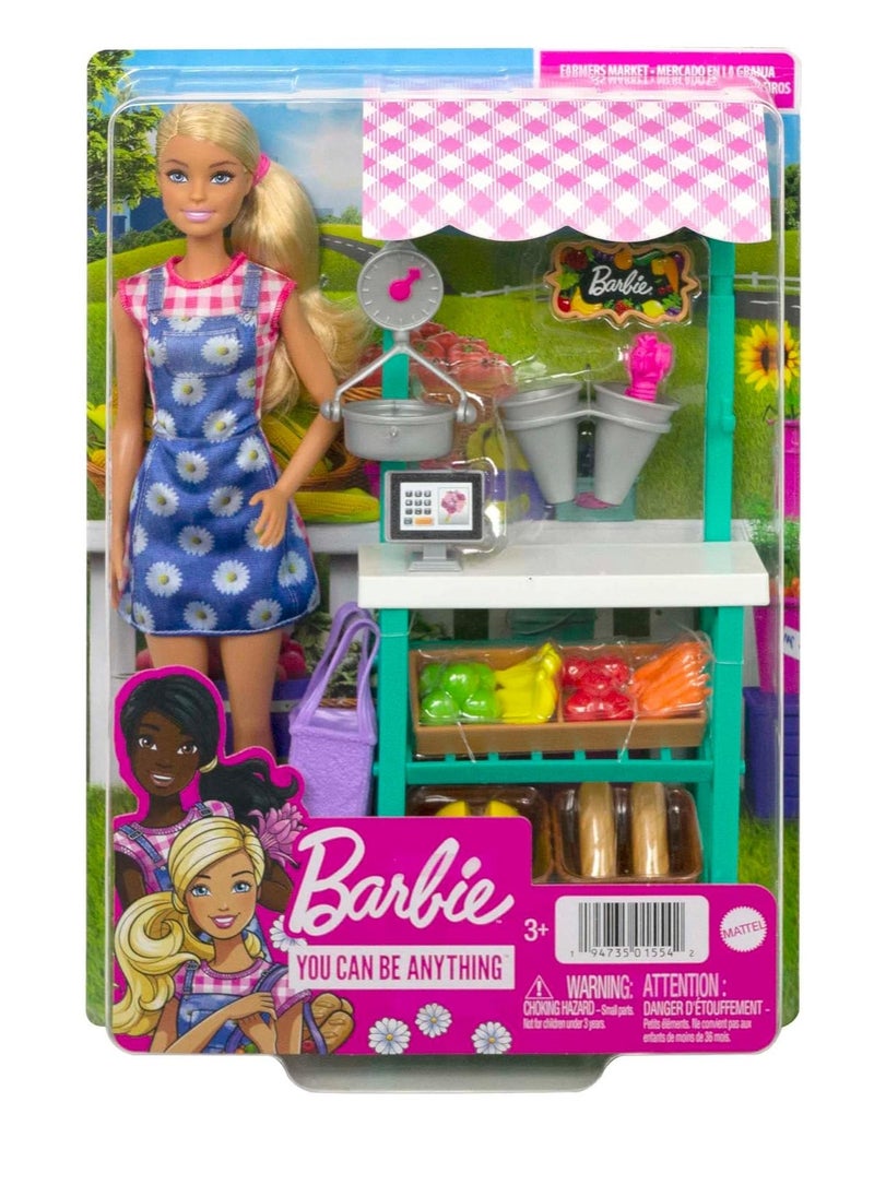 Barbie Farmers Market Playset, Barbie Doll (Blonde), Market Stand, Register, Vegetables, Bread, Flowers & More, 3 & Up