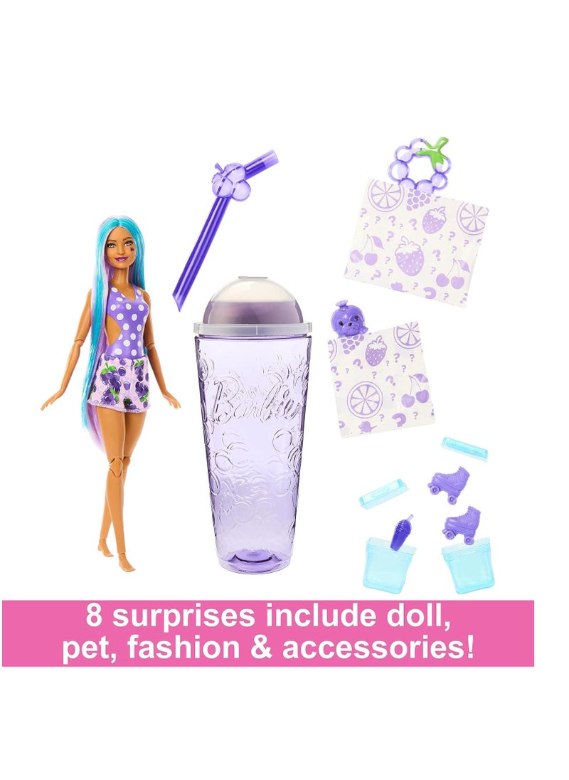 Pop Reveal Fruit Series Grape Fizz Doll, 8 Surprises Include Pet, Slime, Scent & Color Change