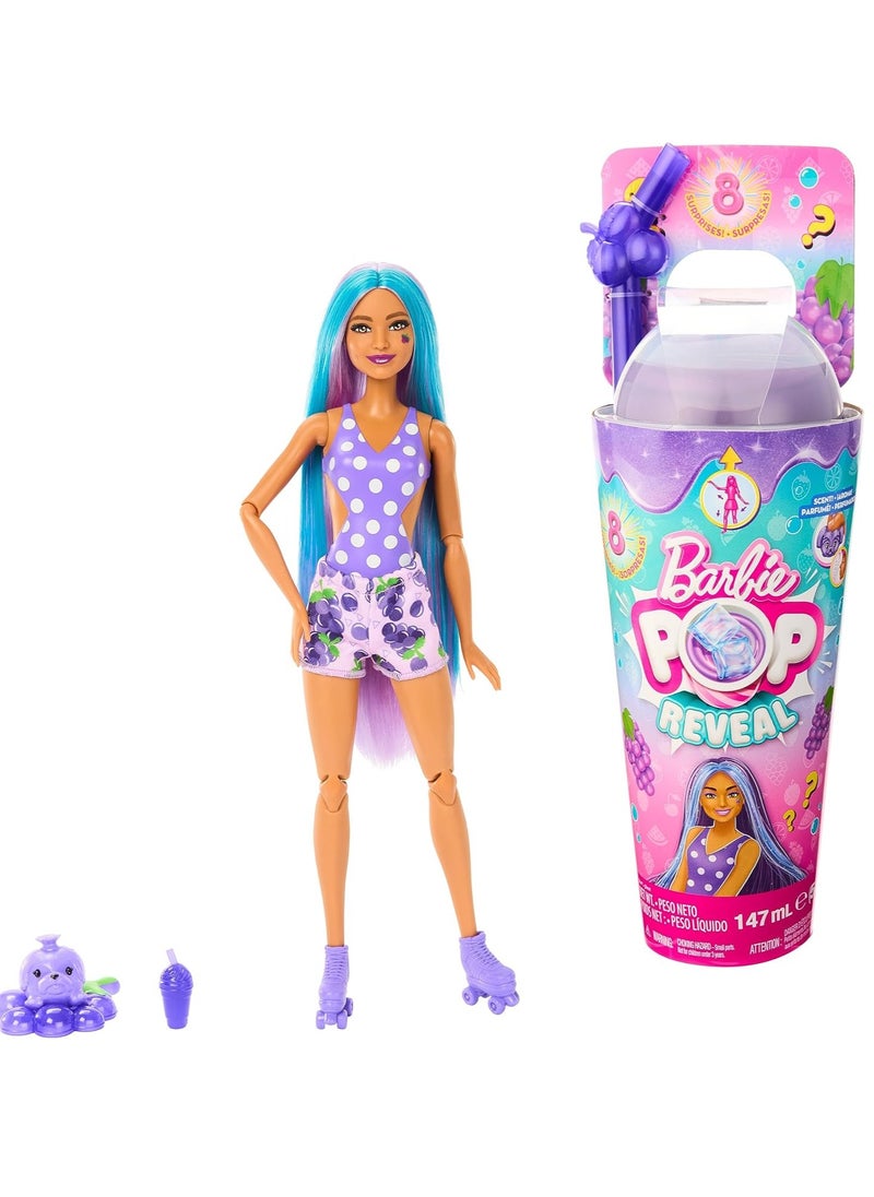 Pop Reveal Fruit Series Grape Fizz Doll, 8 Surprises Include Pet, Slime, Scent & Color Change