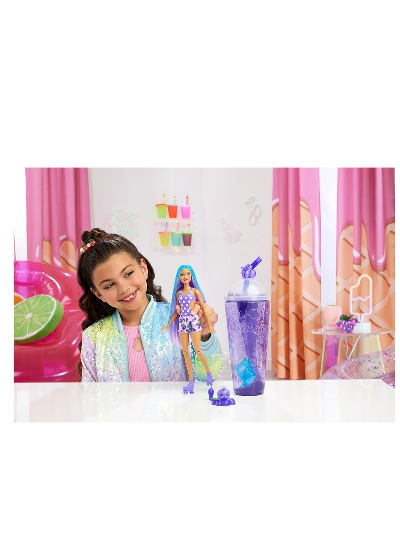 Pop Reveal Fruit Series Grape Fizz Doll, 8 Surprises Include Pet, Slime, Scent & Color Change