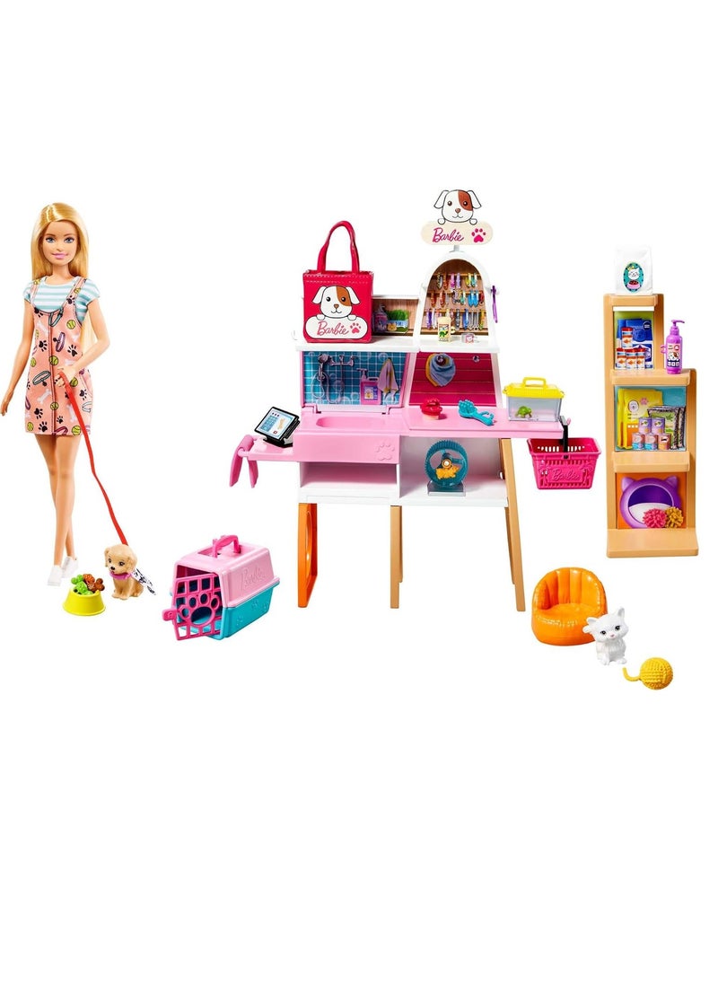 Doll and Pet Boutique Playset with 4 Pets and Accessories, for 3 to 7 Year Olds