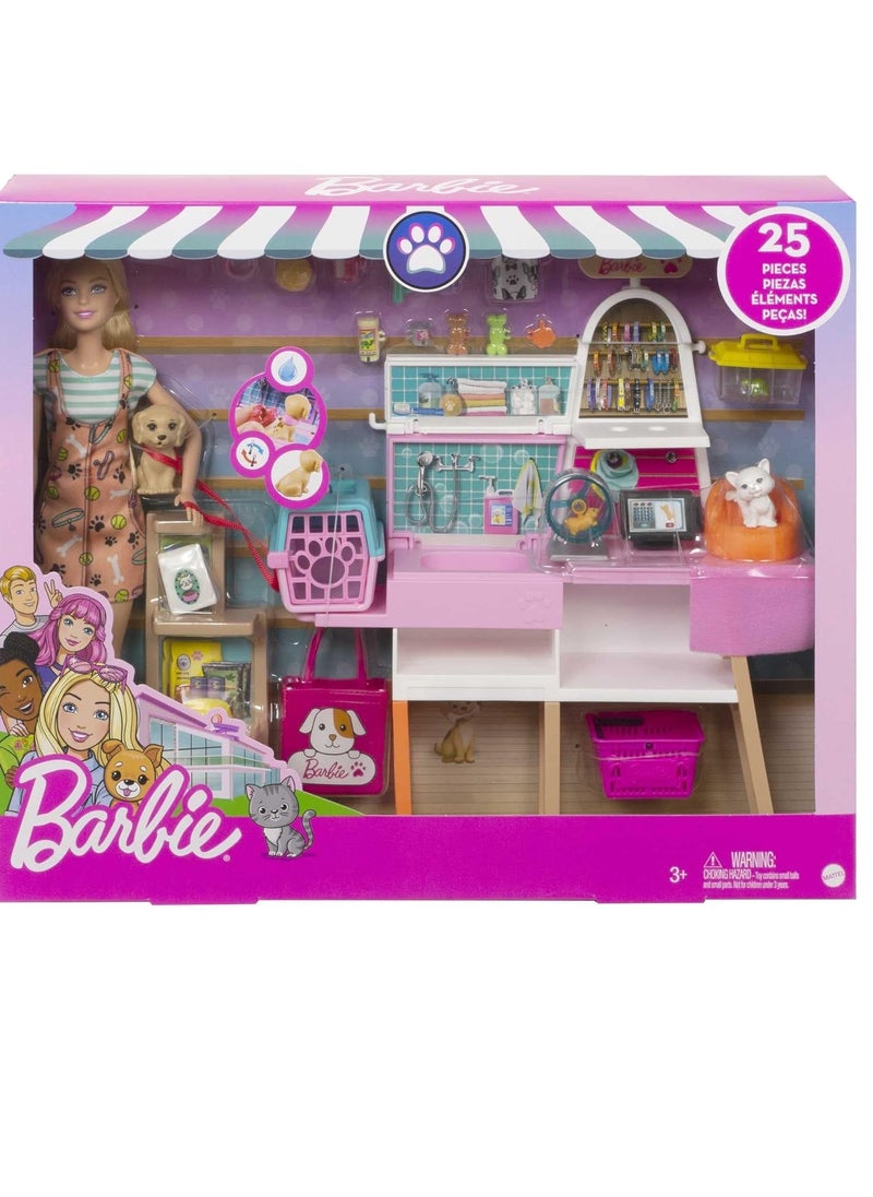 Doll and Pet Boutique Playset with 4 Pets and Accessories, for 3 to 7 Year Olds