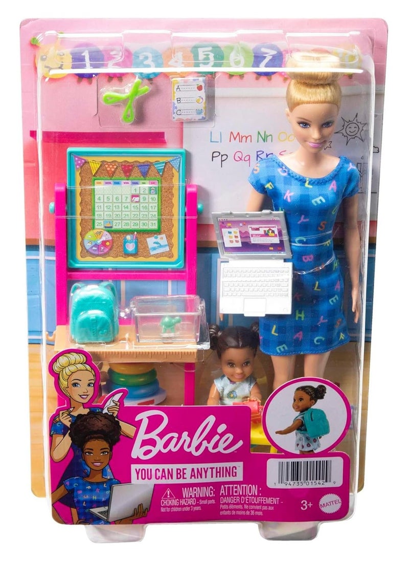 Barbie Teacher Doll (Blonde),Toddler Doll (Brunette), Accessories