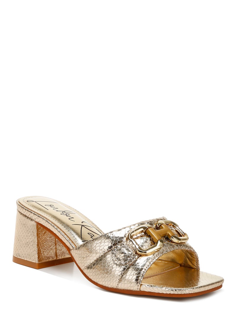 Gold Horsebit Detail Snake Print Sandals