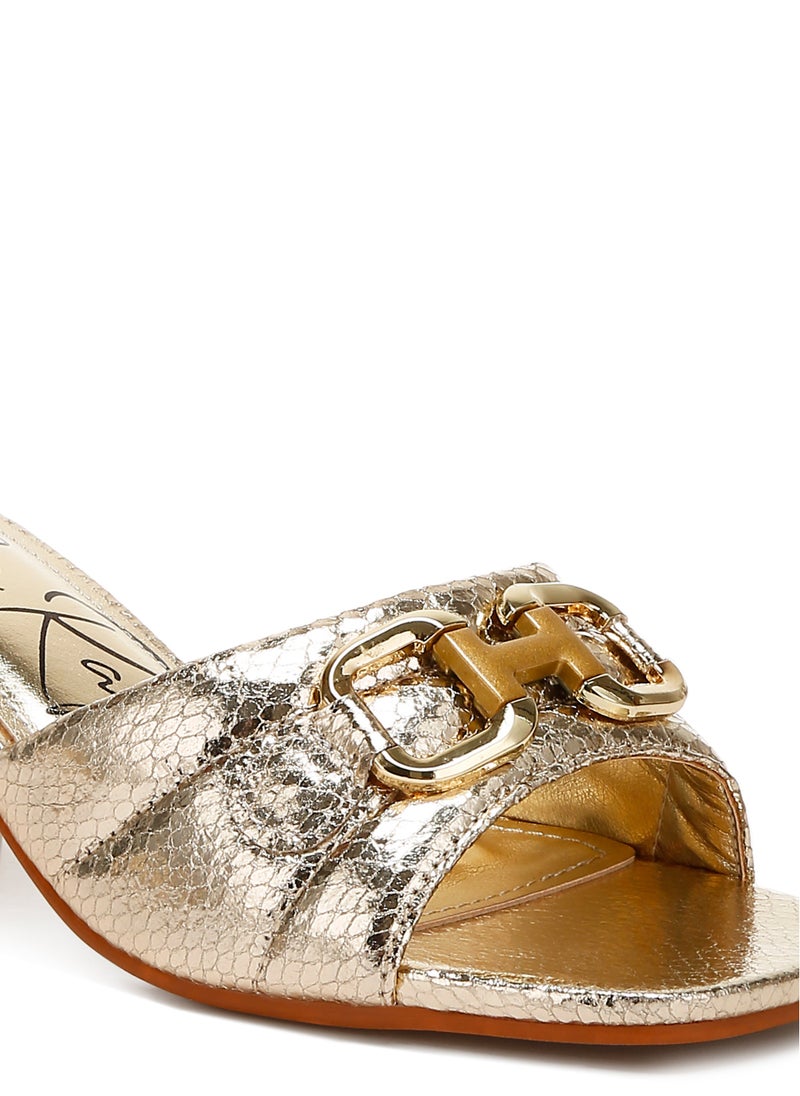 Gold Horsebit Detail Snake Print Sandals