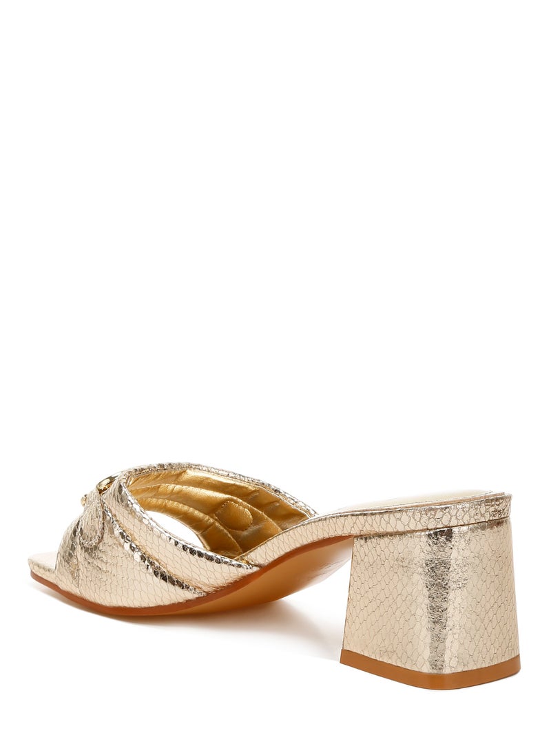 Gold Horsebit Detail Snake Print Sandals