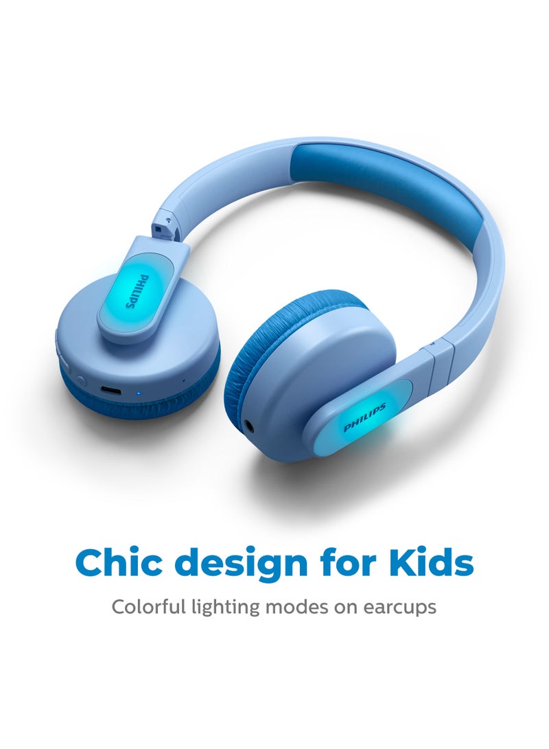 Kids Wireless On-Ear Headphones - 85Db Volume Limited - Built-In Mic - 28 Hours Play Time -Parental Control - Colorful Light-Up Ear Cups - Blue