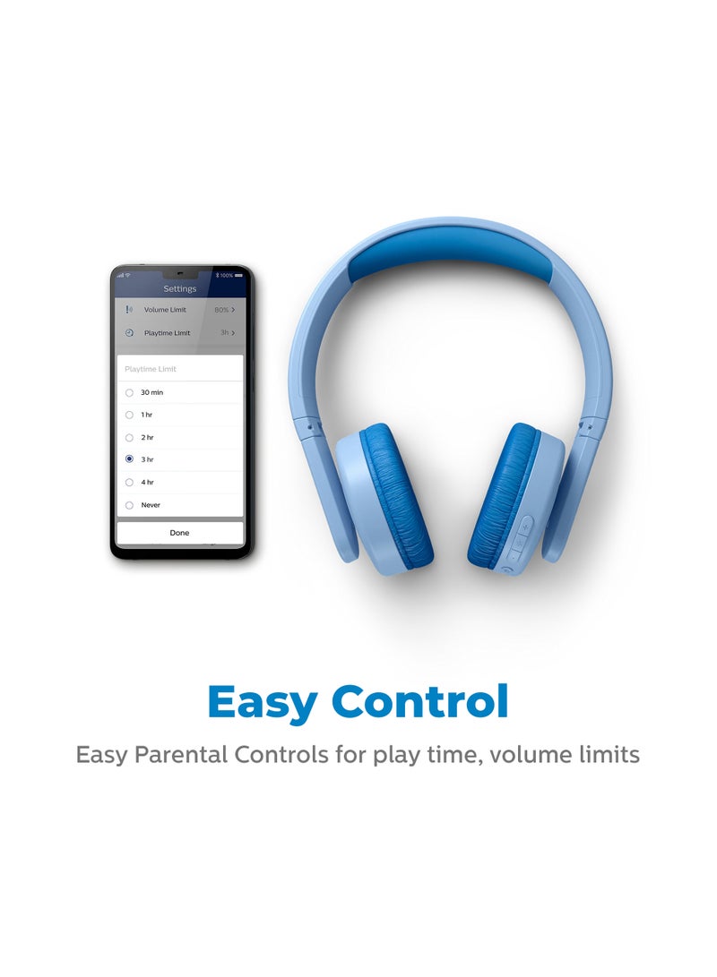 Kids Wireless On-Ear Headphones - 85Db Volume Limited - Built-In Mic - 28 Hours Play Time -Parental Control - Colorful Light-Up Ear Cups - Blue