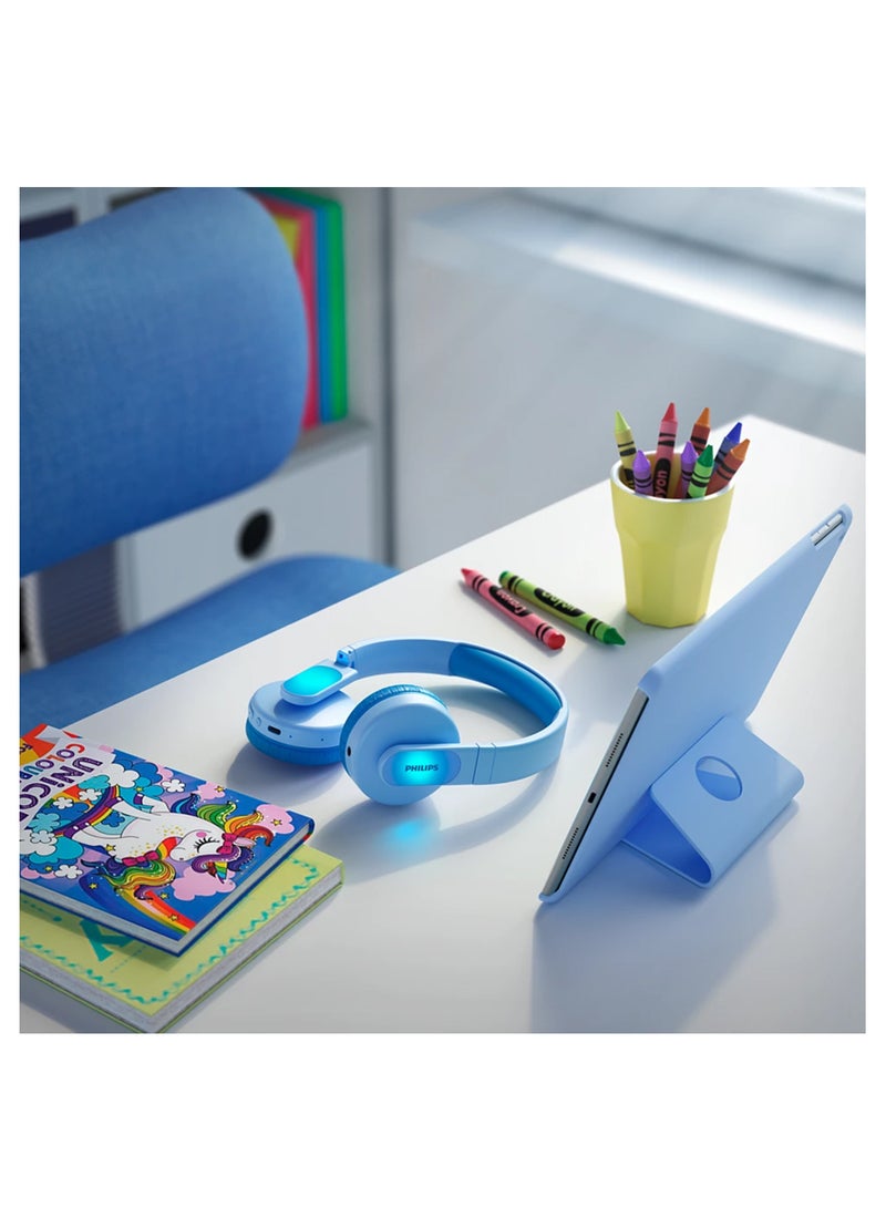 Kids Wireless On-Ear Headphones - 85Db Volume Limited - Built-In Mic - 28 Hours Play Time -Parental Control - Colorful Light-Up Ear Cups - Blue