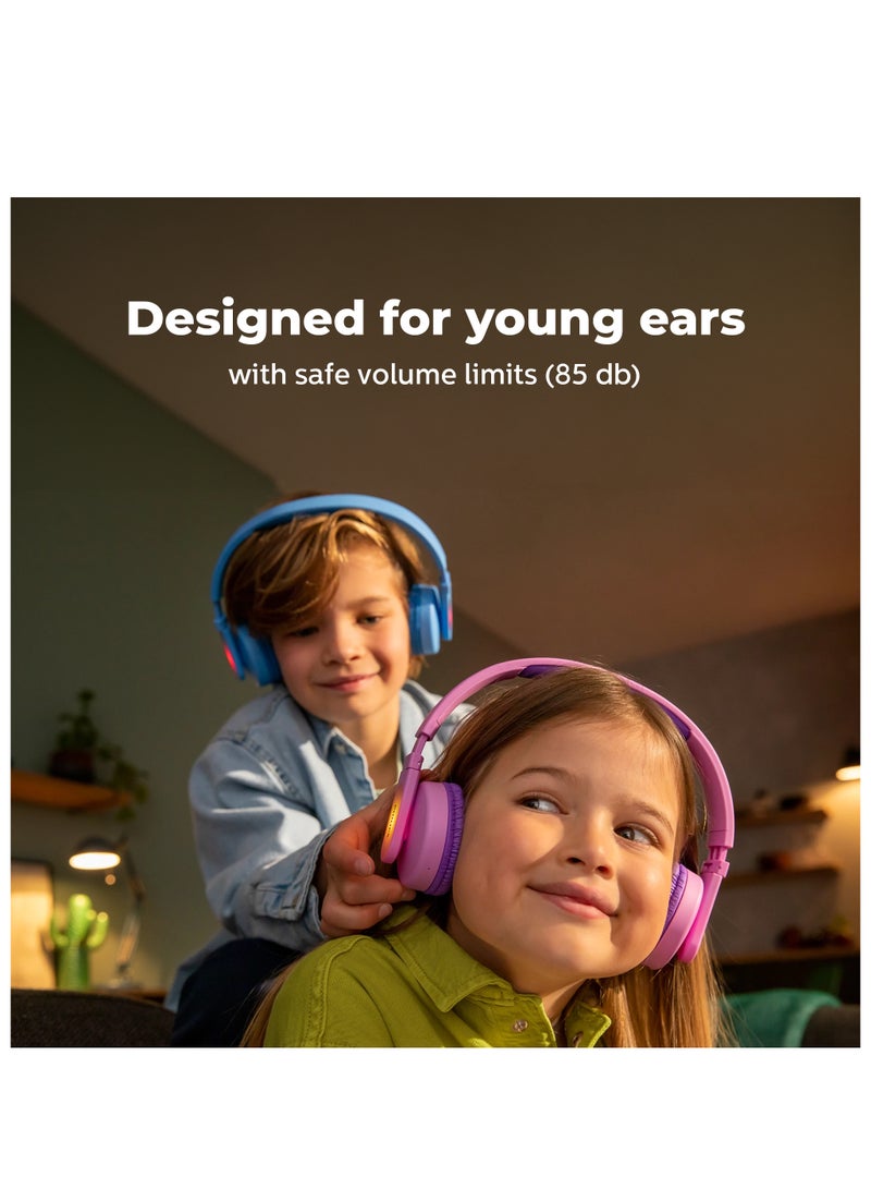 Kids Wireless On-Ear Headphones - 85Db Volume Limited - Built-In Mic - 28 Hours Play Time -Parental Control - Colorful Light-Up Ear Cups - Blue