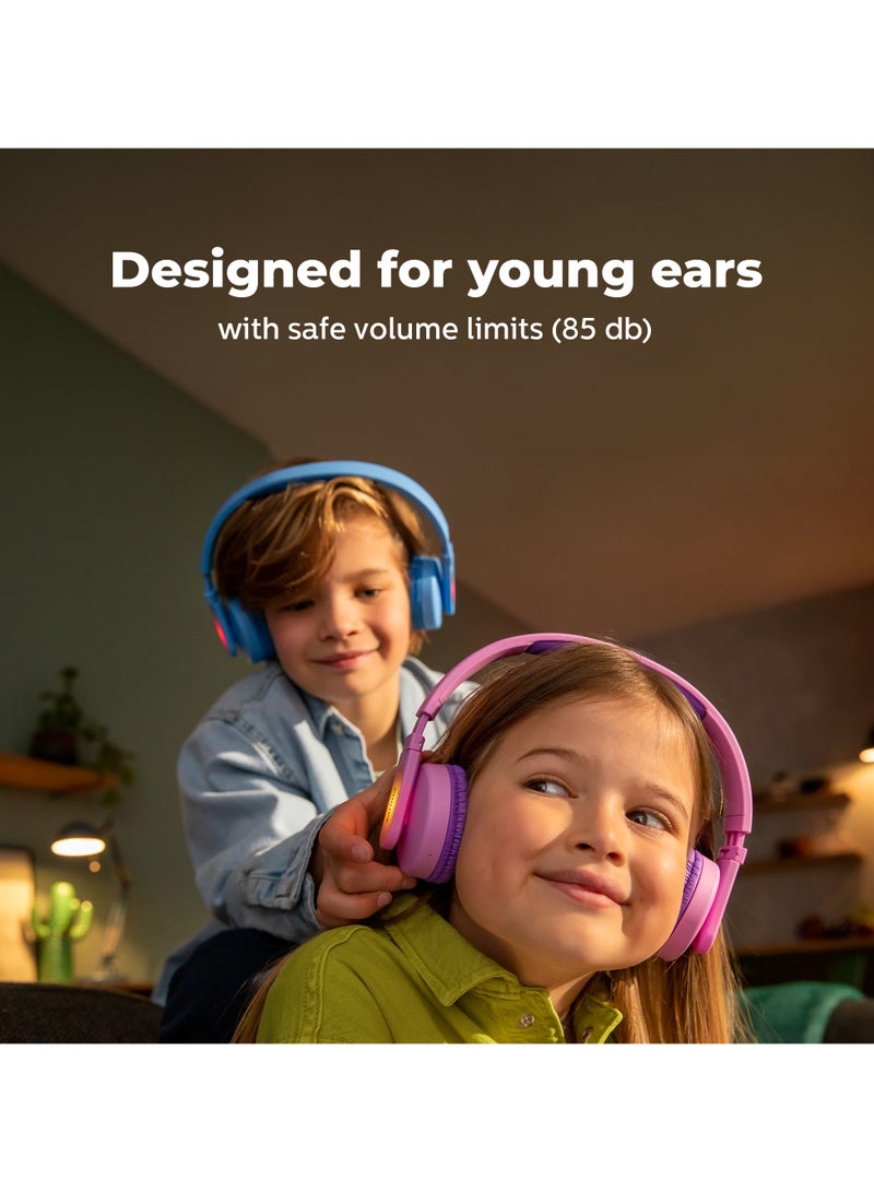Kids Wireless On-Ear Headphones - 85Db Volume Limited - Built-In Mic - 28 Hours Play Time -Parental Control - Colorful Light-Up Ear Cups - Pink
