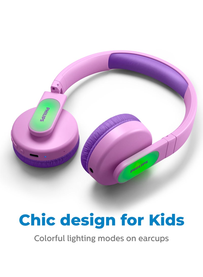 Kids Wireless On-Ear Headphones - 85Db Volume Limited - Built-In Mic - 28 Hours Play Time -Parental Control - Colorful Light-Up Ear Cups - Pink