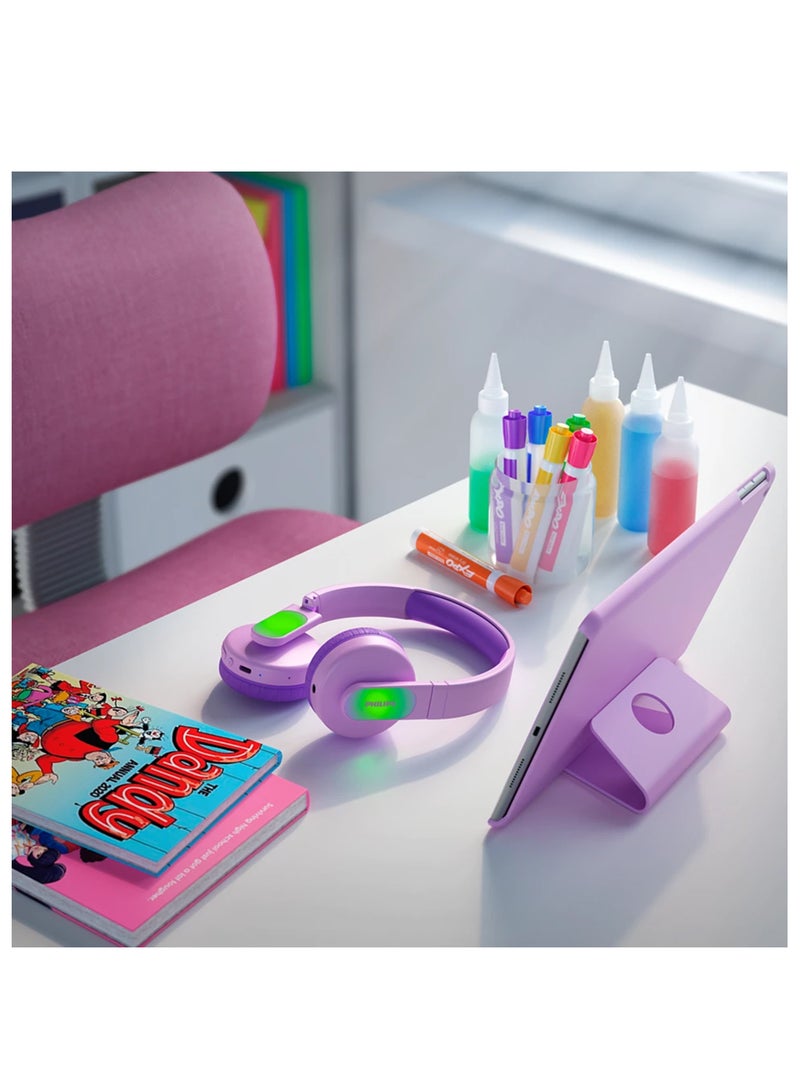 Kids Wireless On-Ear Headphones - 85Db Volume Limited - Built-In Mic - 28 Hours Play Time -Parental Control - Colorful Light-Up Ear Cups - Pink