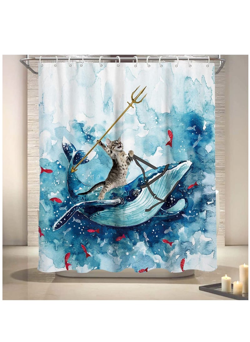 Funny Cat Shower Curtain, Riding Whale Ocean Cute Fun Cool Kids Anime Nautical Beach Theme Sea Wave Beach Fish Hilarious Bathroom 60 x 72 Inch Polyester Fabric Waterproof 12 Pack Hooks