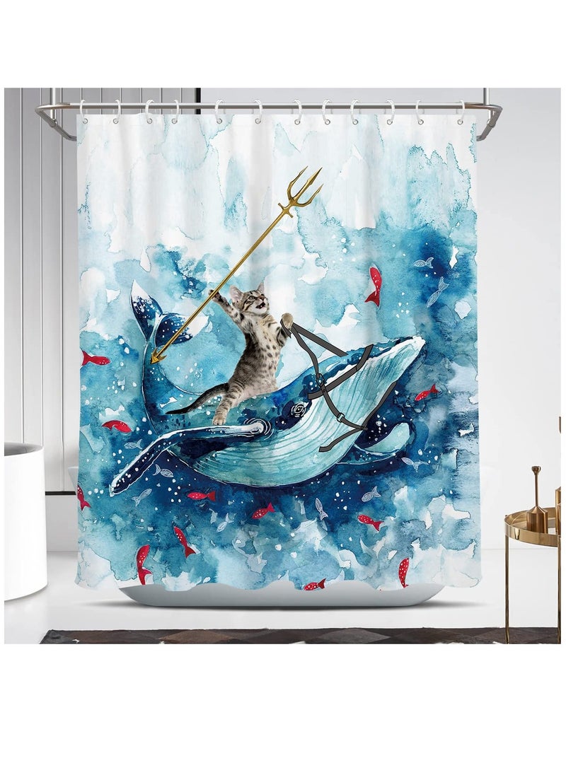 Funny Cat Shower Curtain, Riding Whale Ocean Cute Fun Cool Kids Anime Nautical Beach Theme Sea Wave Beach Fish Hilarious Bathroom 60 x 72 Inch Polyester Fabric Waterproof 12 Pack Hooks