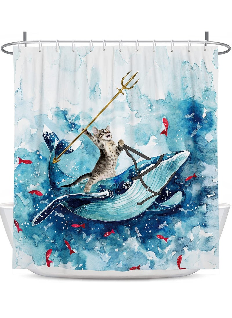 Funny Cat Shower Curtain, Riding Whale Ocean Cute Fun Cool Kids Anime Nautical Beach Theme Sea Wave Beach Fish Hilarious Bathroom 60 x 72 Inch Polyester Fabric Waterproof 12 Pack Hooks