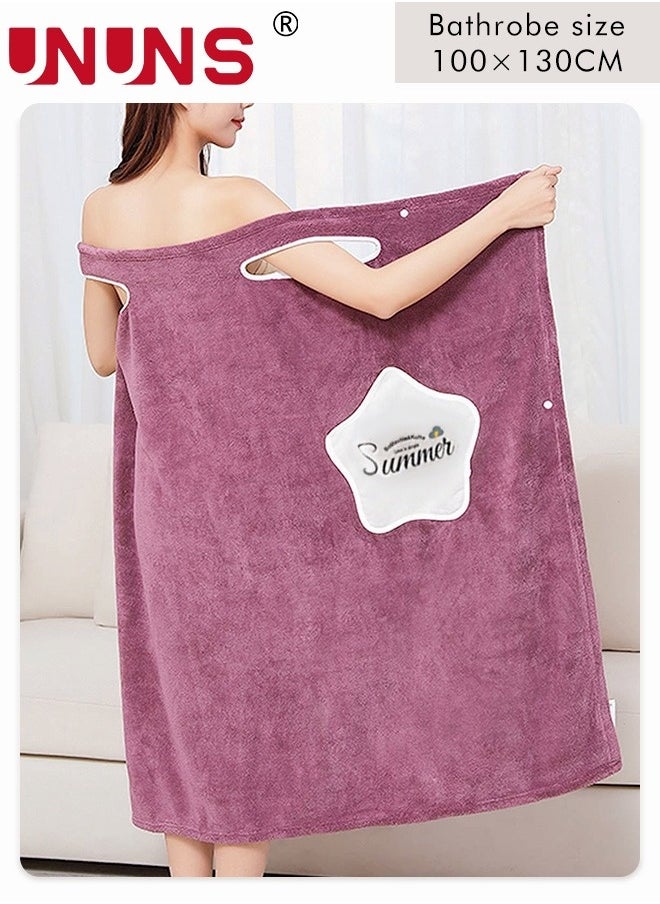 Bath Robe With Pocket,Off-shoulder Wearable Bath Towel With Snap Button,Bathrobe Suitable For Sauna Beach Swimming Pool Gym Travel,Purple