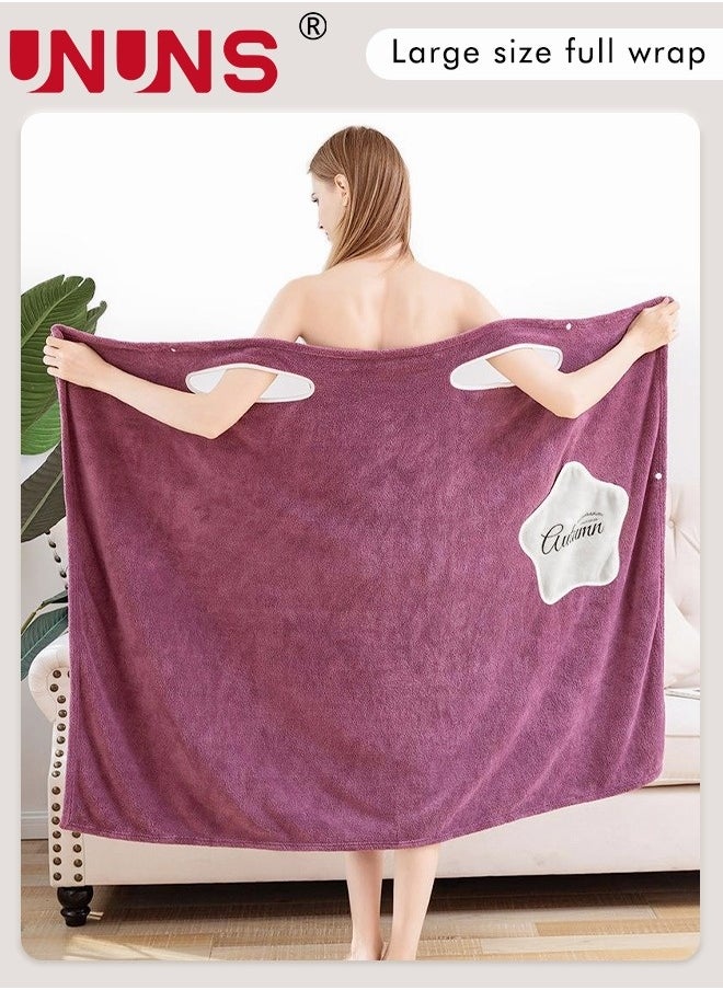 Bath Robe With Pocket,Off-shoulder Wearable Bath Towel With Snap Button,Bathrobe Suitable For Sauna Beach Swimming Pool Gym Travel,Purple